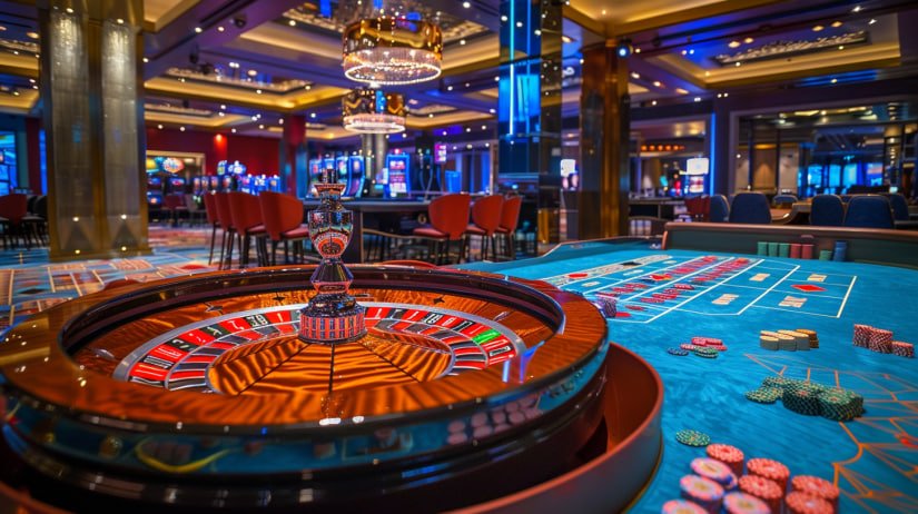 Dealer profesional kasino qq8999 sedang membagikan kartu baccarat di meja live casino mewah